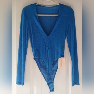 SHEIN Shimmering Blue Long Sleeve Bodysuit~sizeL